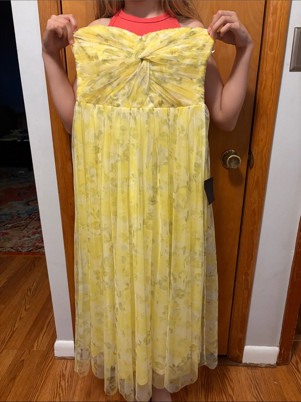 Lulu's Yellow Floral Strapless Chiffon Maxi Dress